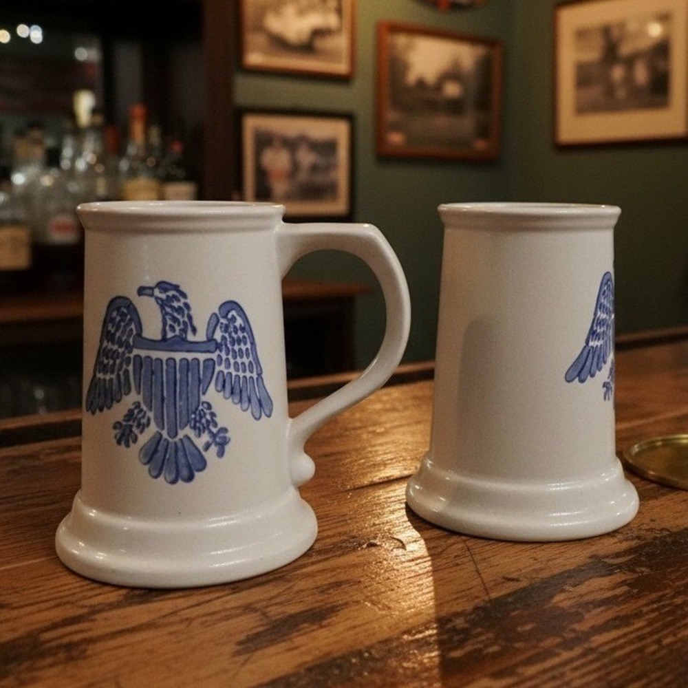 2 Pfaltzgraff YORKTOWNE *BLUE & GREY 5 3/4" - 16 OZ EAGLE BEER MUG STEINS #286M